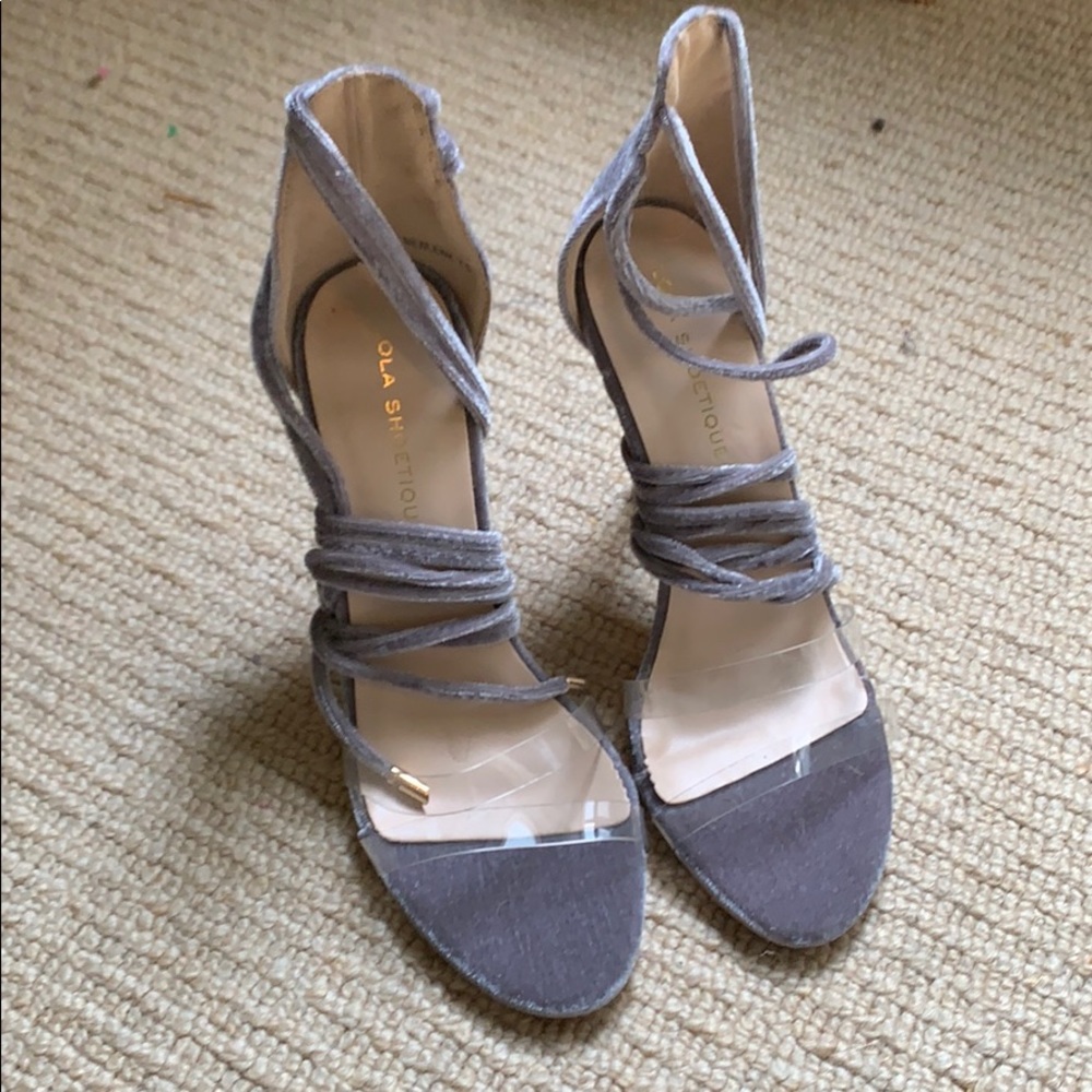 Grey velvet strappy heels